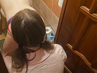 Anastasia Mistress fucks Sasha Earth slave with a black long dildo in the ass in the toilet